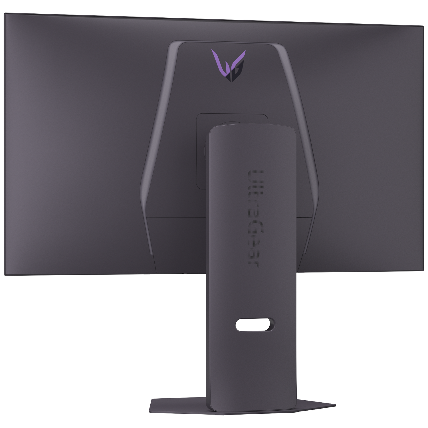 Back view of a gray monitor with a purple logo and "Ultragear" text.