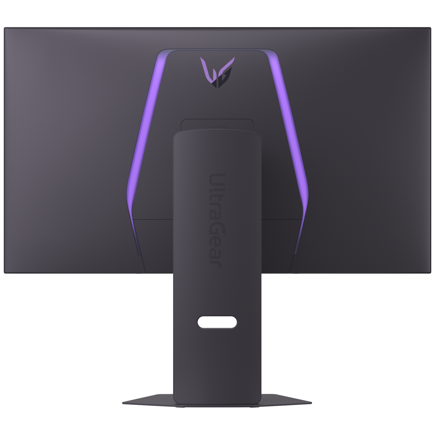 Back of a black monitor with purple accent lights and an LG logo.