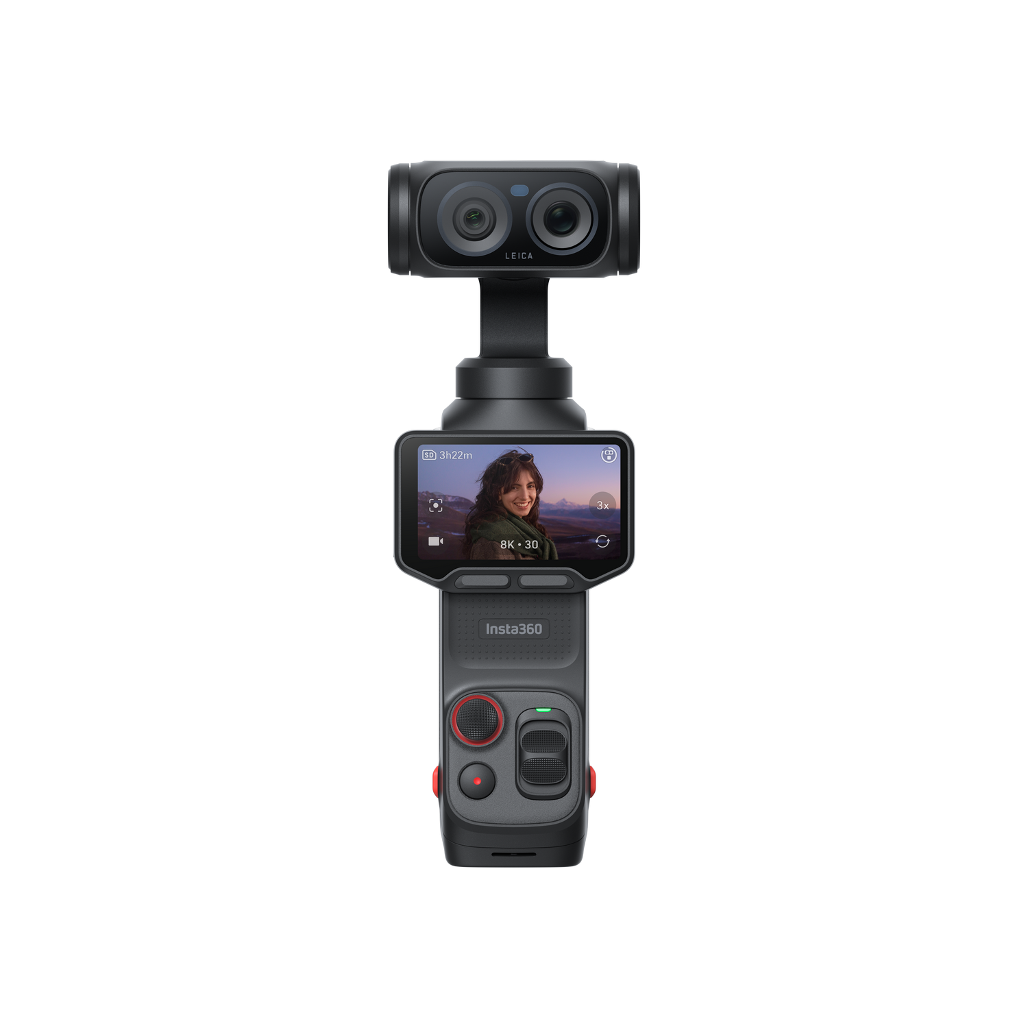 Cámara Insta360 con doble lente, pantalla muestra mujer, fondo gris.