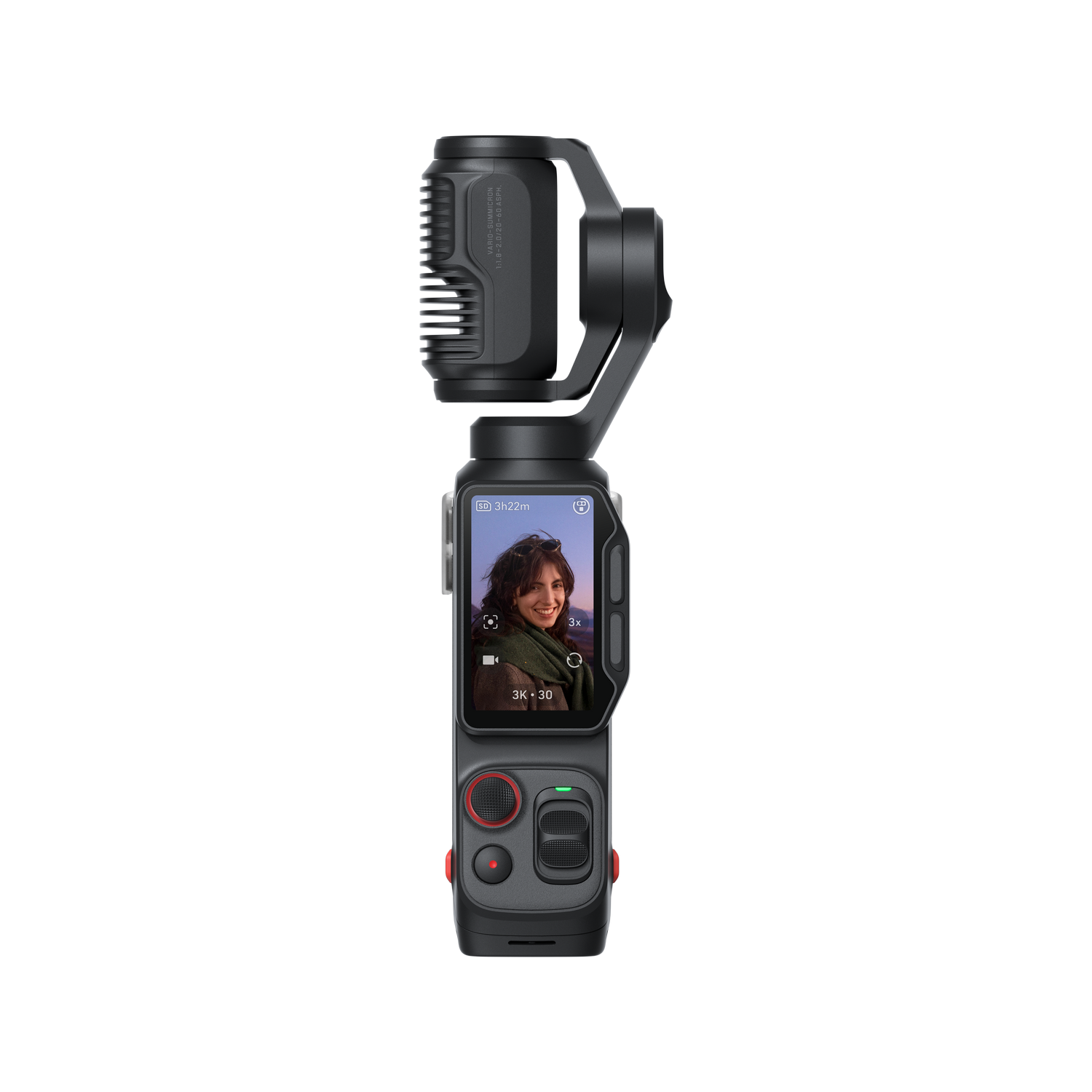 Un gimbal negro con pantalla que muestra a una mujer. Tiene botones de control.