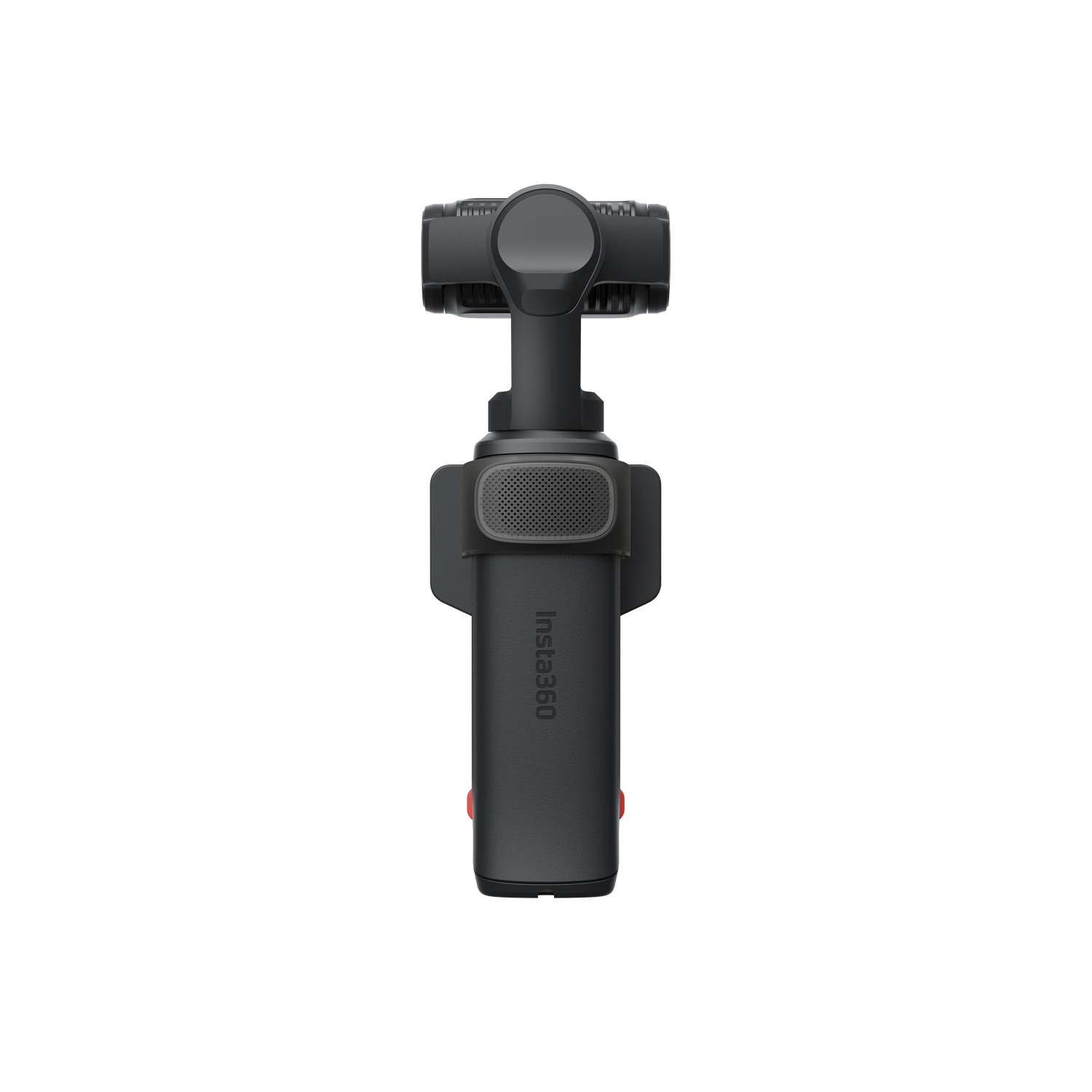 Un estabilizador de cámara Insta360 negro con agarre y controles grises se muestra sobre fondo gris.