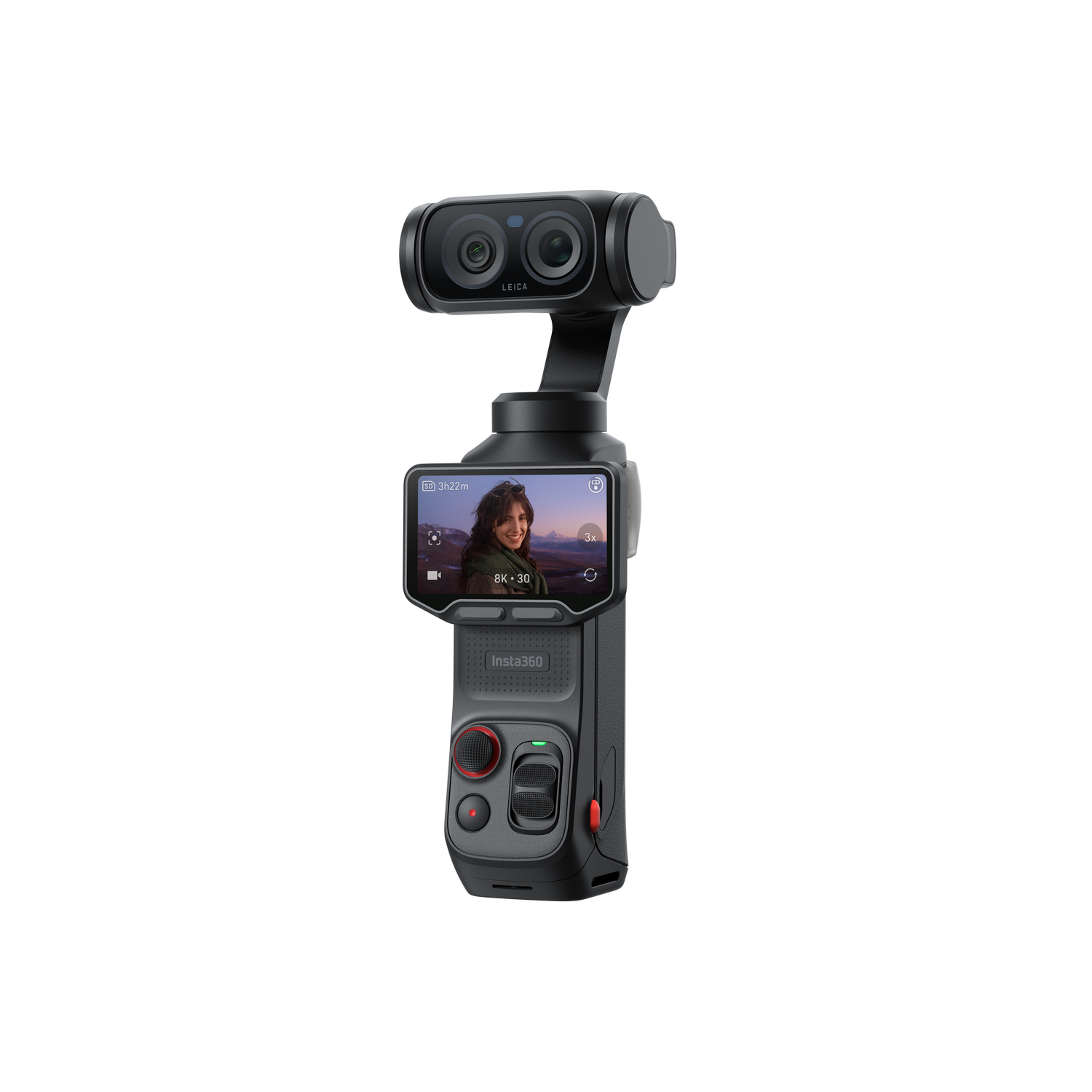 Una cámara Insta360 negra con pantalla que muestra a una mujer. Lente Leica.