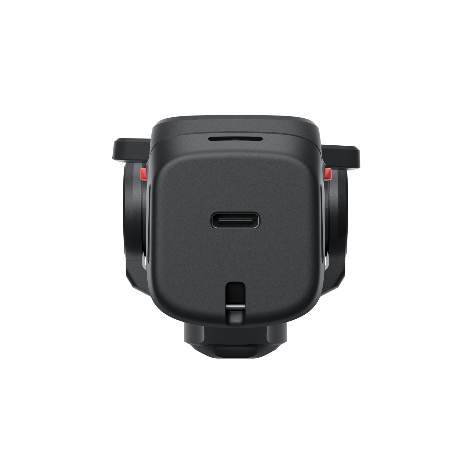 Vista superior de una cámara negra con puerto USB-C y detalles rojos.