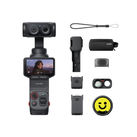 Un gimbal Insta360 de una mano con accesorios como funda, lentes y correa.