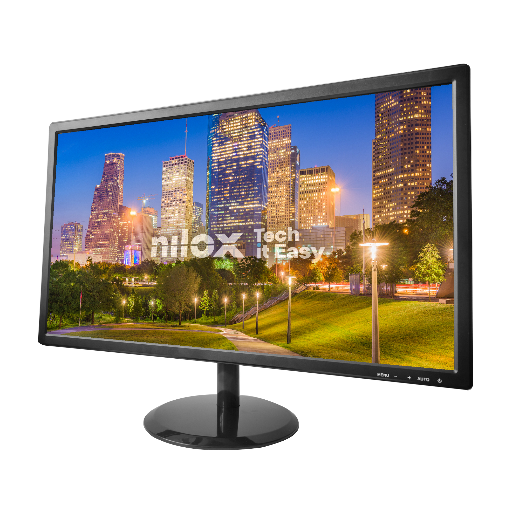 Un monitor de computadora muestra un paisaje urbano nocturno con rascacielos iluminados y un parque.
