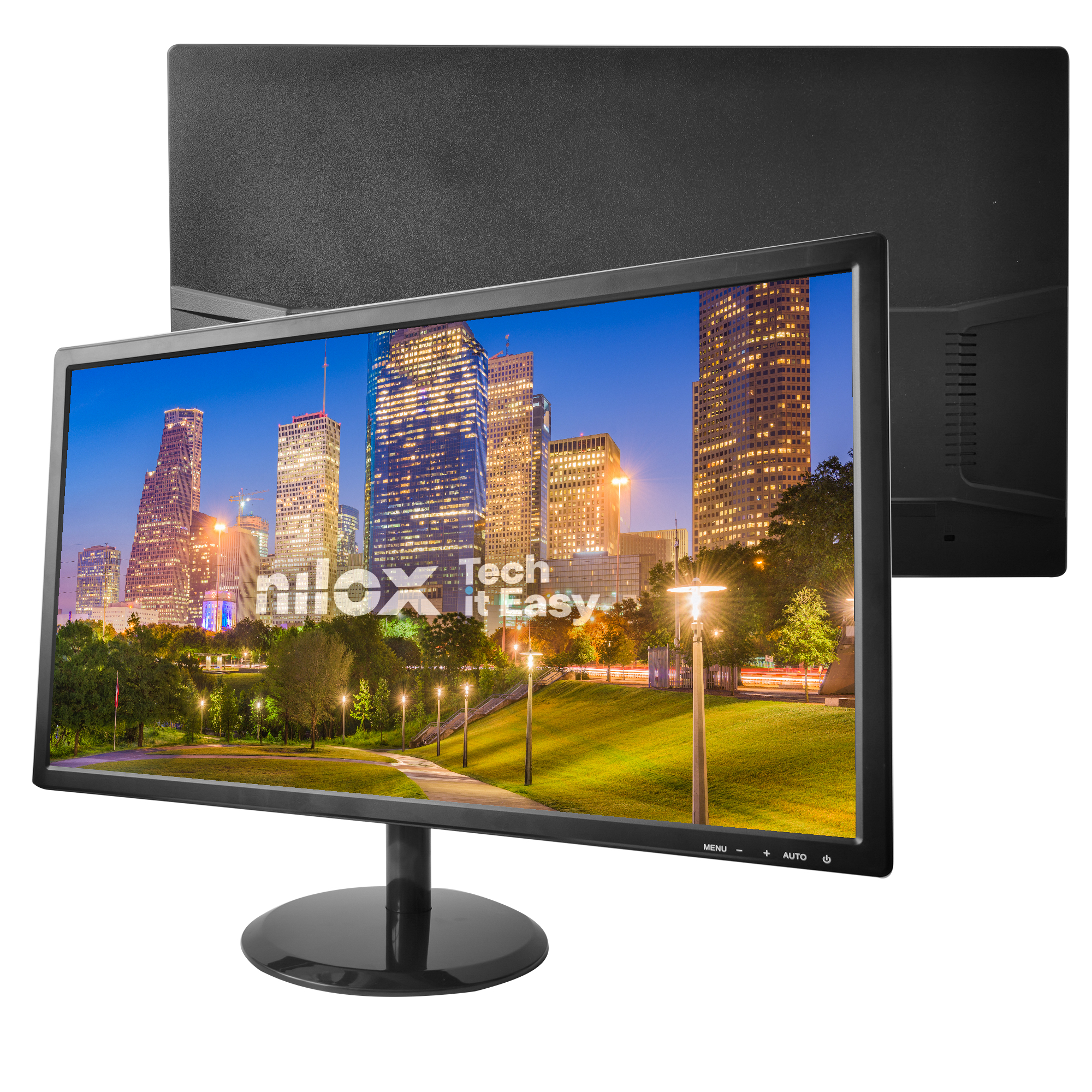 Un monitor muestra una vista nocturna del paisaje urbano de Houston con el logo 'nilox Tech it Easy'.