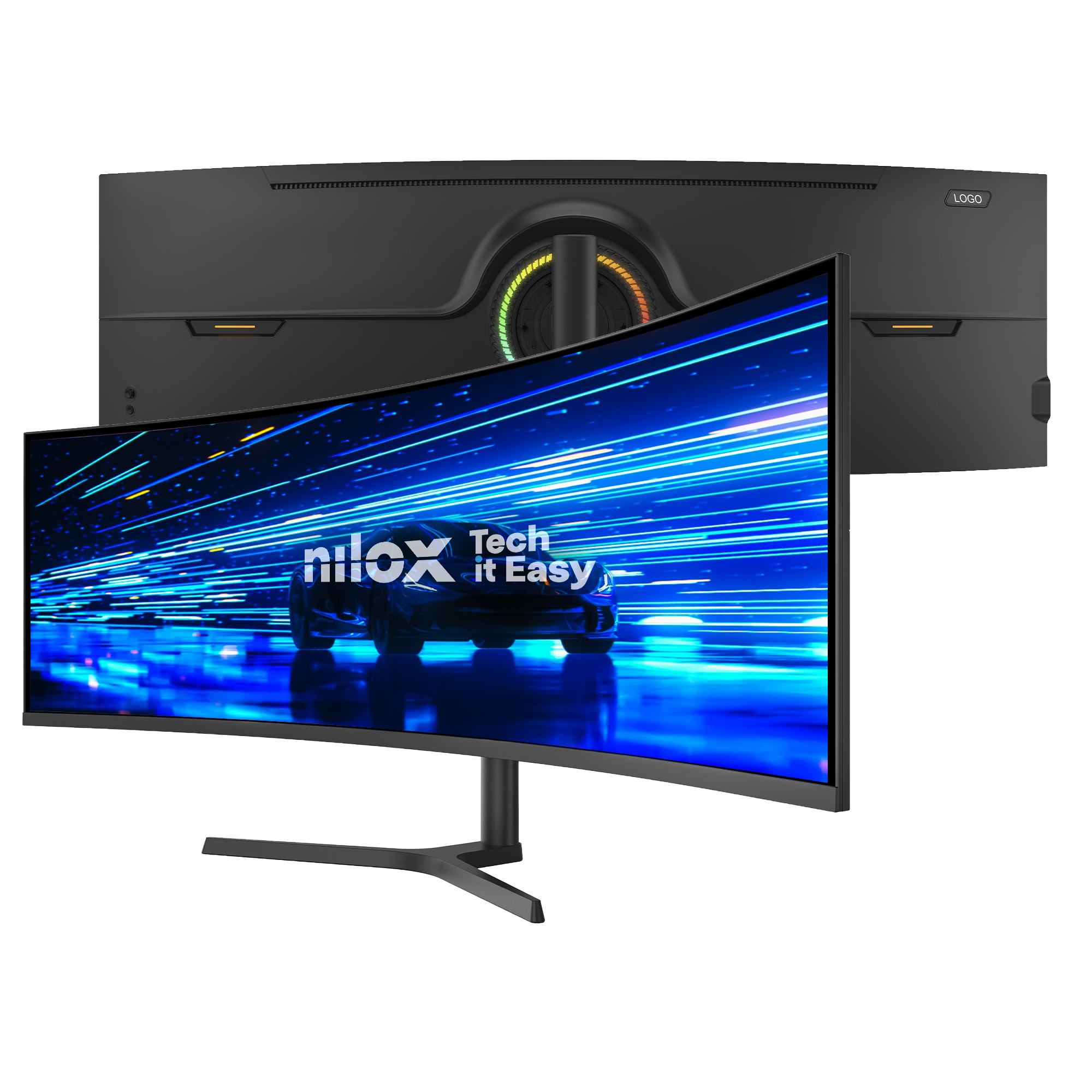 Un monitor curvo para juegos con efecto de luz azul y un coche.