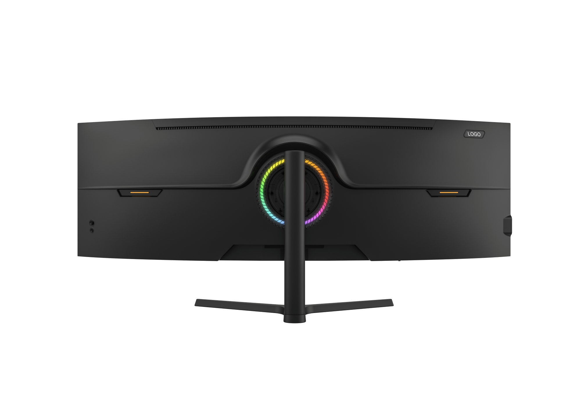 Vista trasera de un monitor negro con iluminación RGB y soporte plateado.