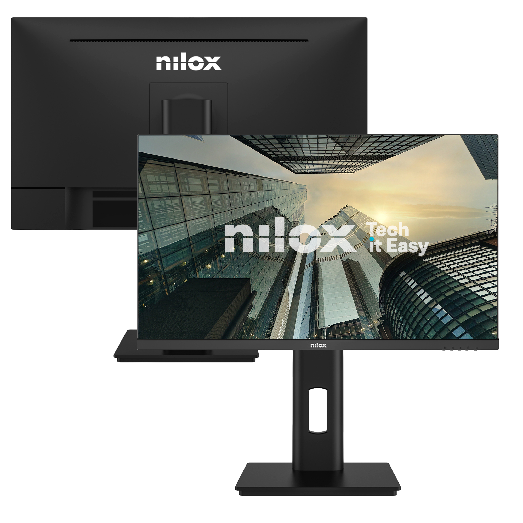 Un monitor negro sobre un pedestal muestra un paisaje urbano de rascacielos.