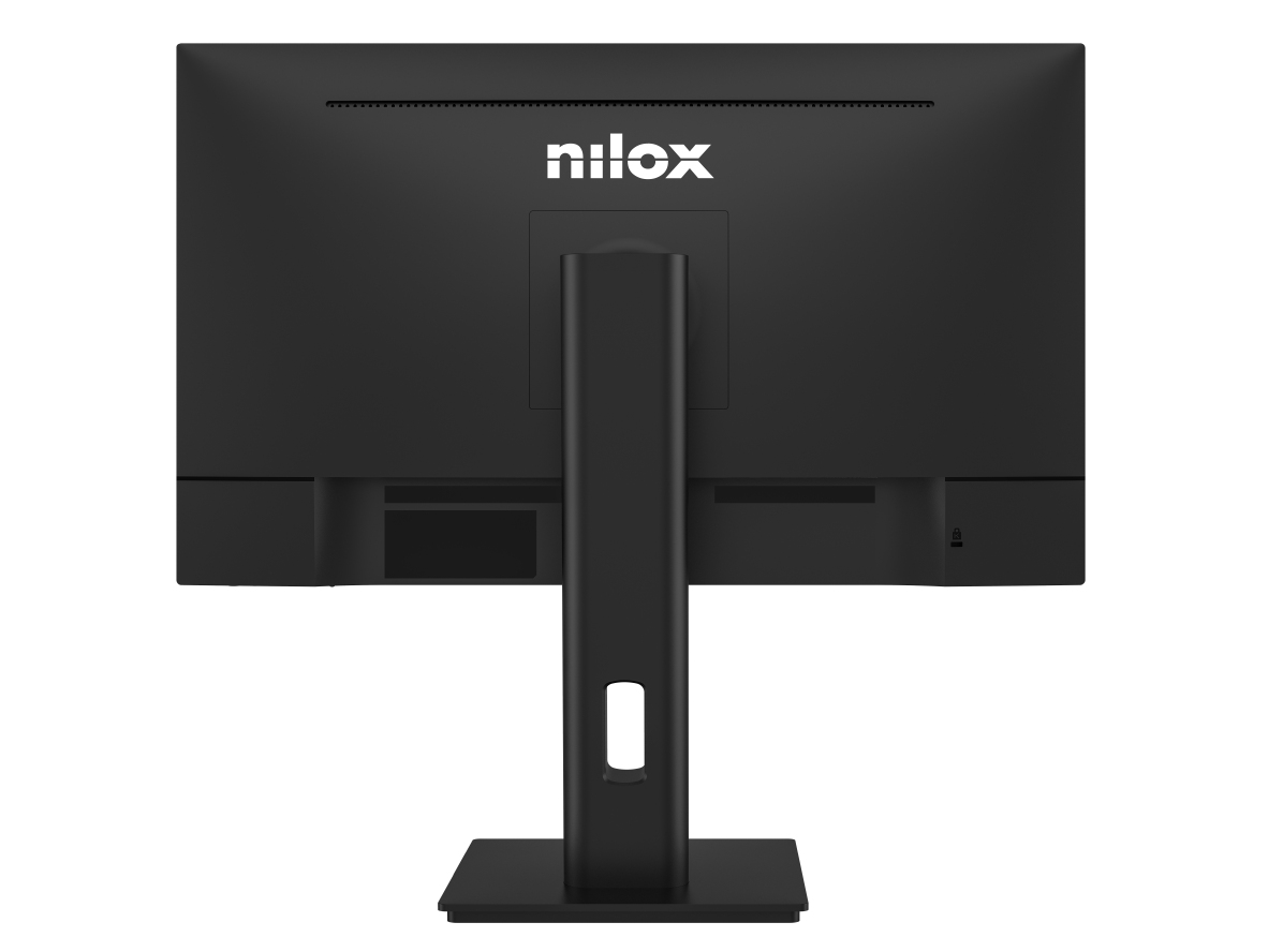 Vista trasera de un monitor negro con logo Nilox y soporte.