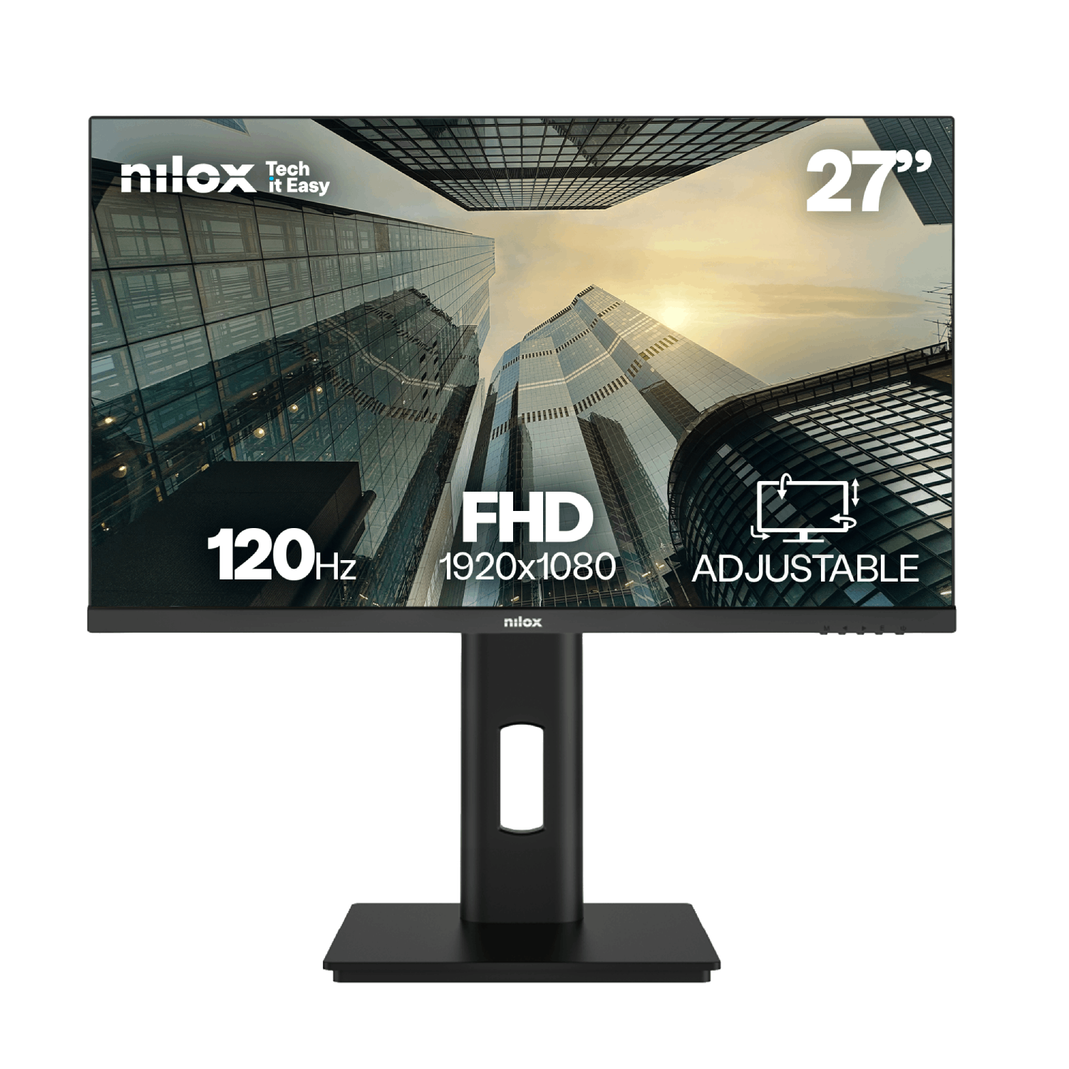 Monitor Nilox de 27 pulgadas con 120Hz, FHD 1920x1080, ajustable. Rascacielos de fondo.