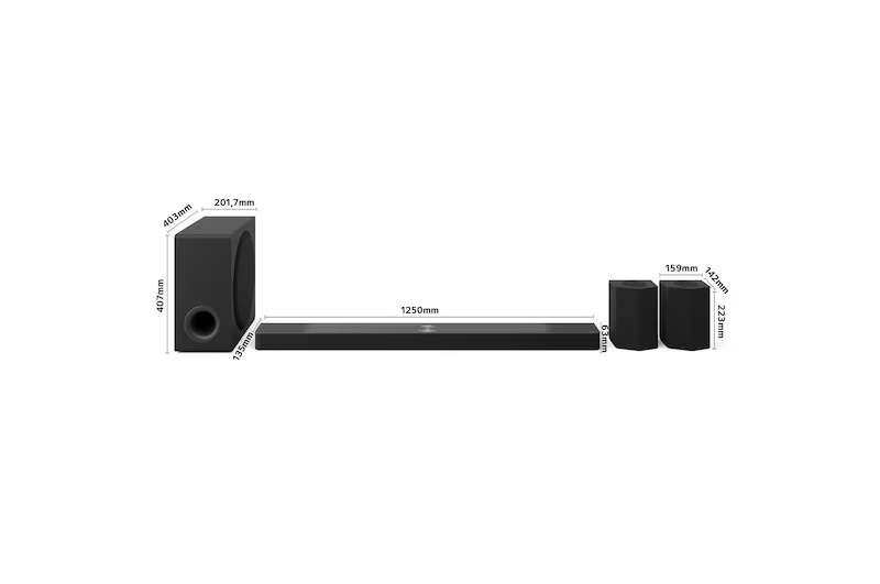 Subwoofer, barra de sonido y dos altavoces negros con dimensiones.