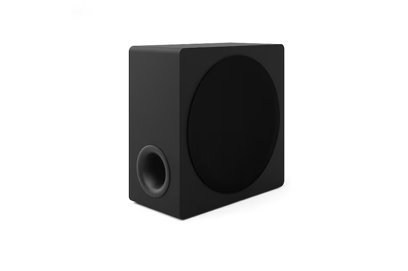 Subwoofer negro con recorte redondo y puerto bass reflex.