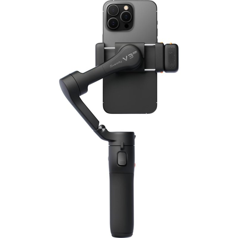 Un teléfono inteligente negro está montado en un estabilizador de cardán negro con un micrófono pequeño.