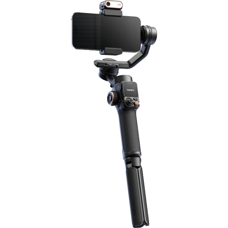 Un gimbal de smartphone negro con un teléfono adjunto, con una pequeña luz encima.