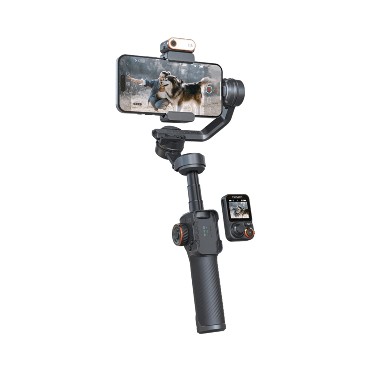 Un gimbal con un smartphone, cámara y pantalla pequeña.