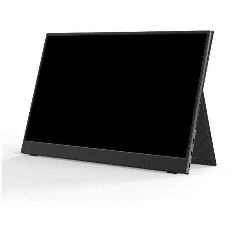 Un monitor portátil negro sobre un fondo blanco.