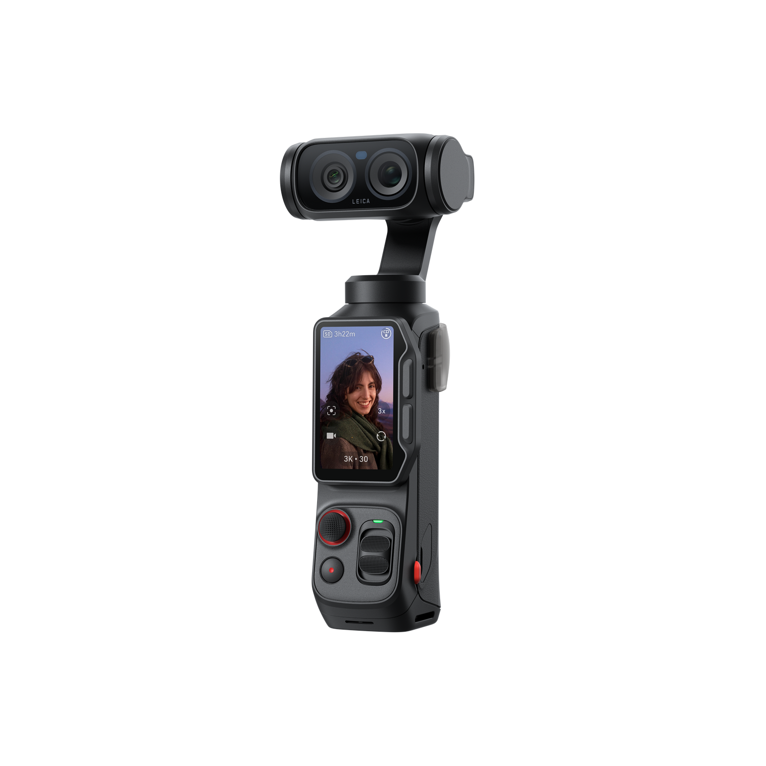 Un gimbal negro con dos lentes, una pantalla y controles.