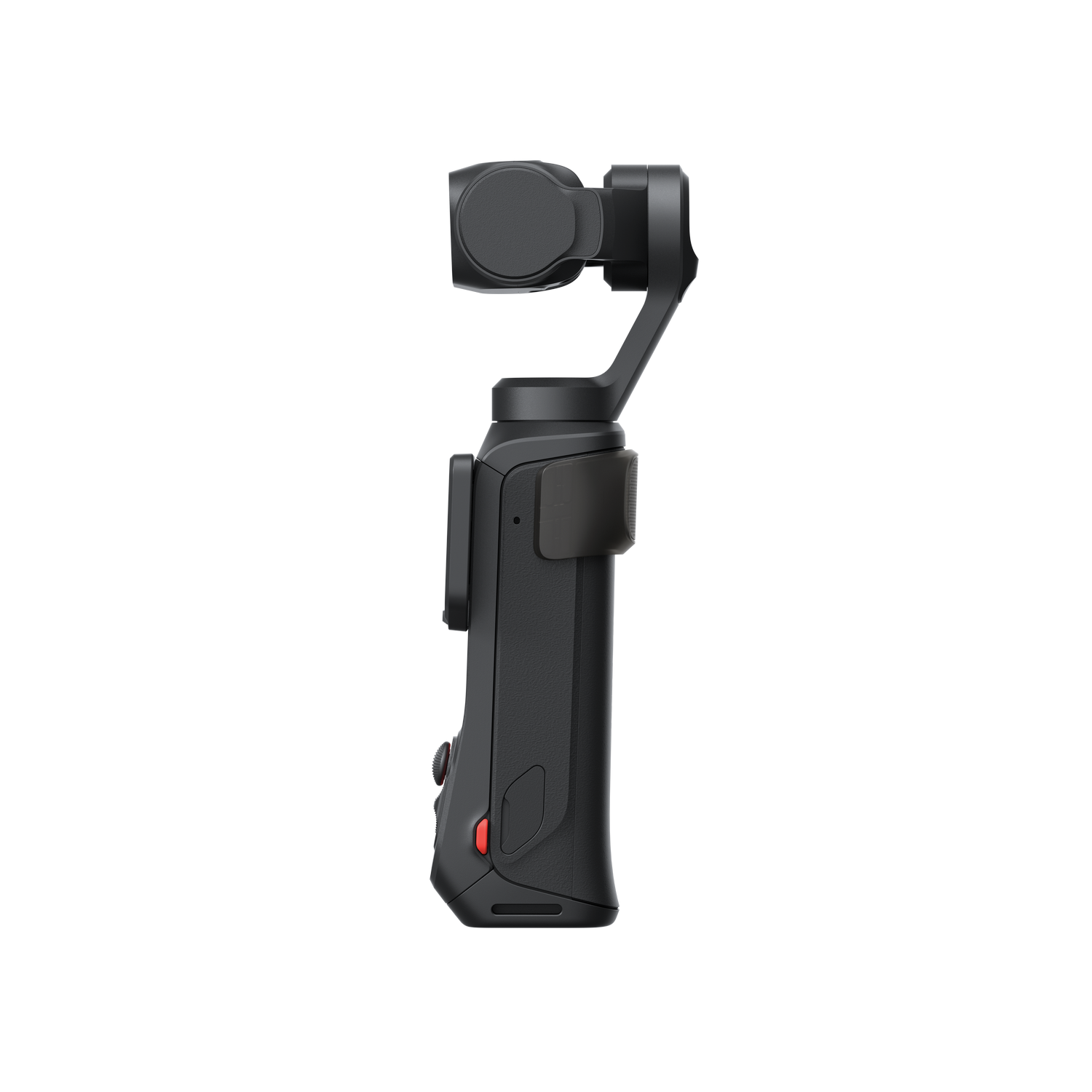 Gimbal gris oscuro con botón rojo, vista lateral.
