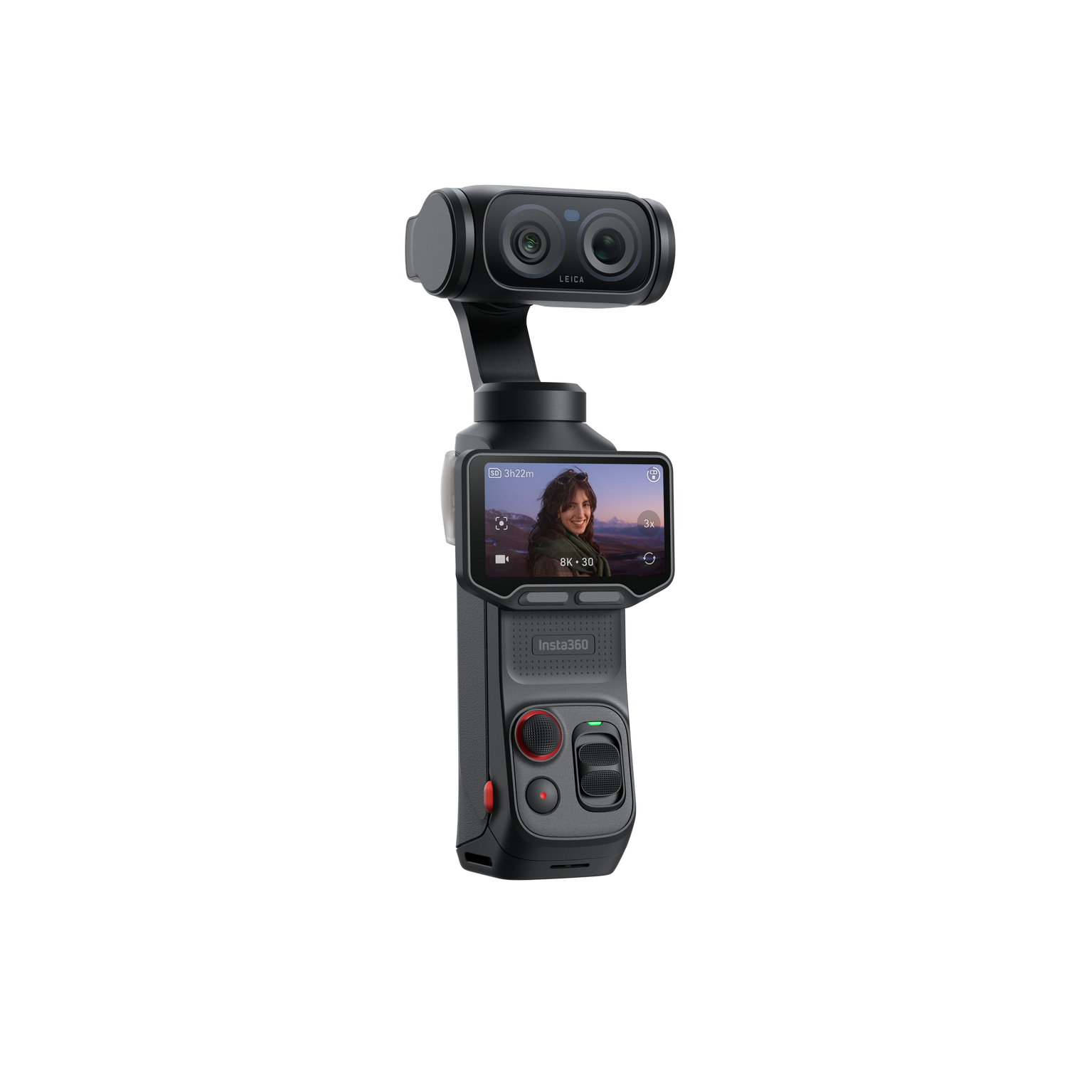 Un mango negro de cámara de acción Insta360 con cardán y cámaras Leica.