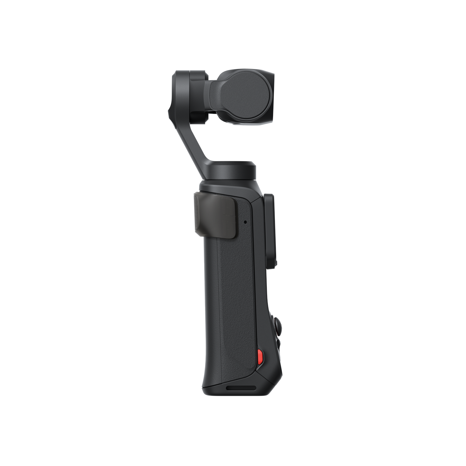 Gimbal negro con mango y soporte para cámara, vista lateral.