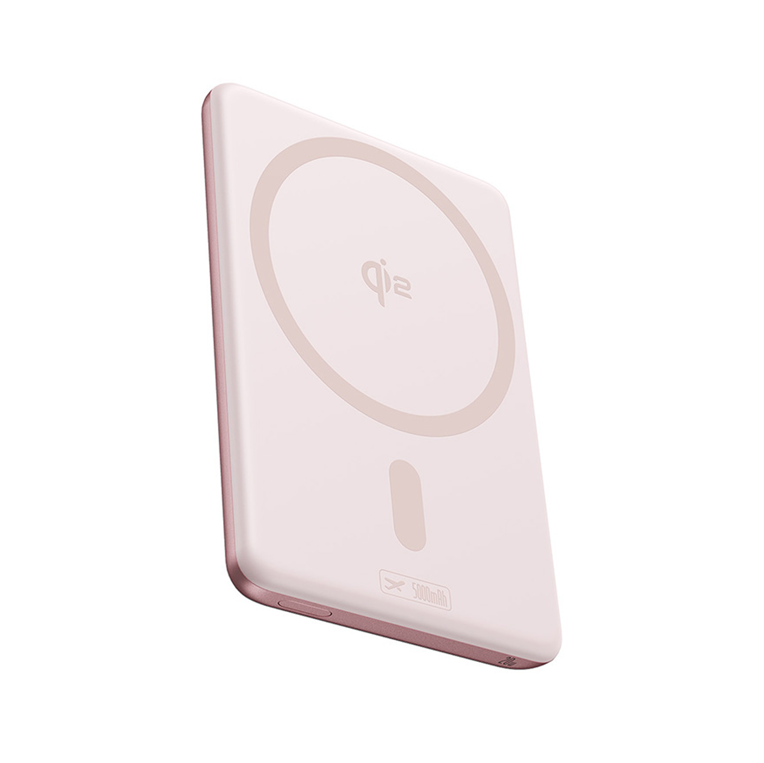 Una batería externa rosa con logo Qi y 5000mAh.
