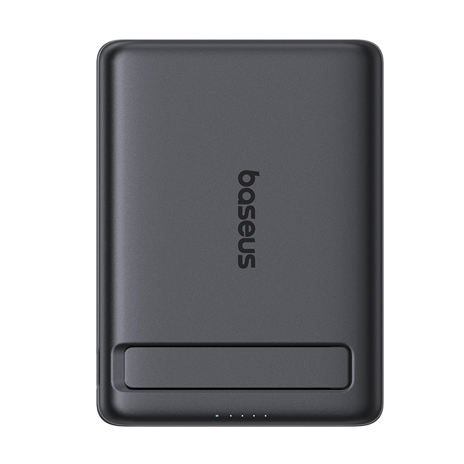 Una batería externa rectangular gris oscuro con la palabra "baseus" en texto plateado.
