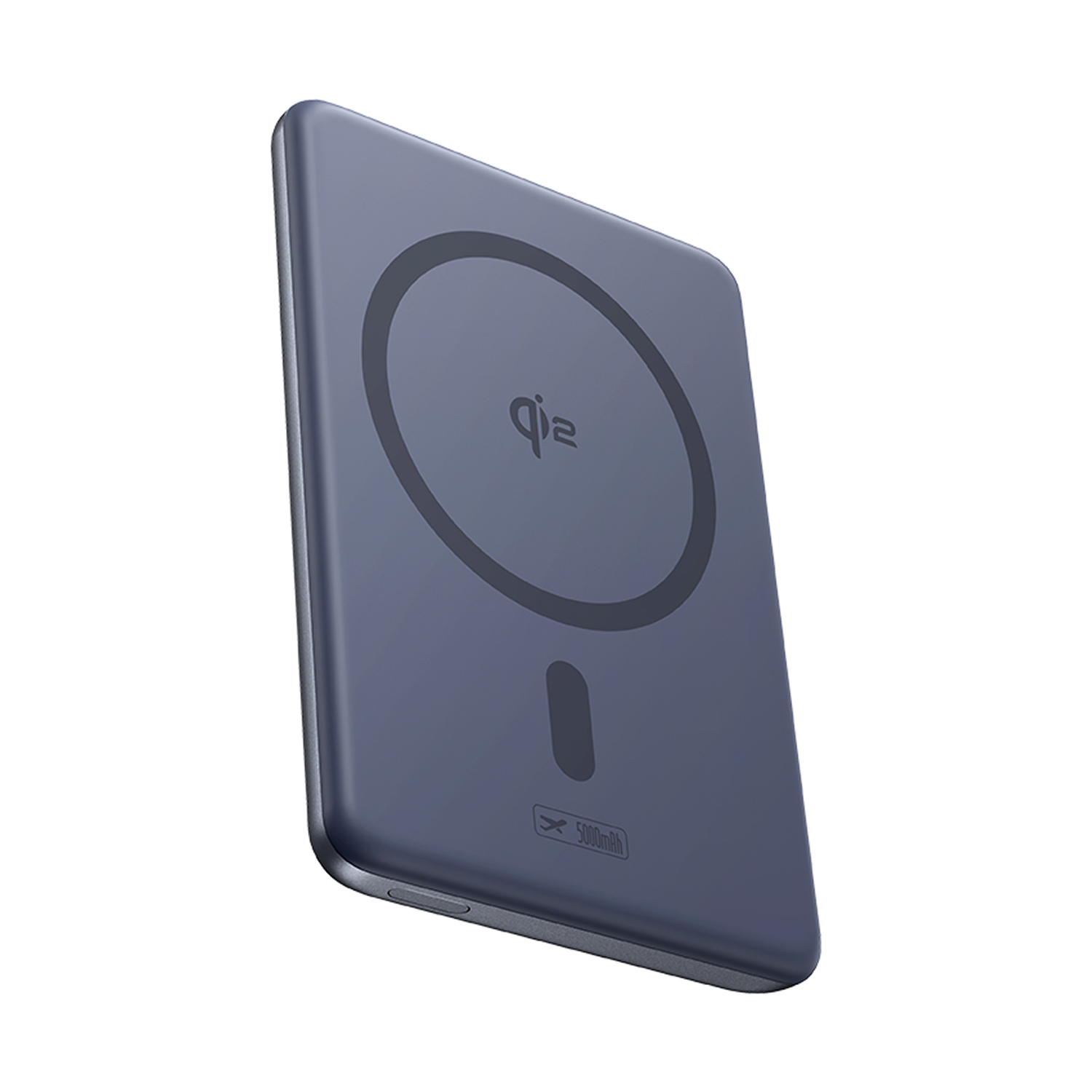 Un cargador inalámbrico rectangular, azul oscuro con logo Qi y marca de 5000mAh.