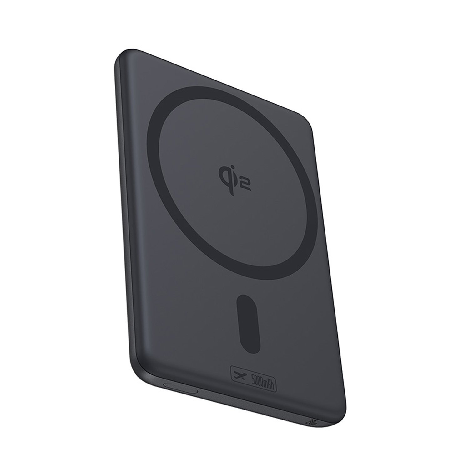 Un cargador inalámbrico rectangular oscuro con logo Qi y capacidad de 5000mAh.