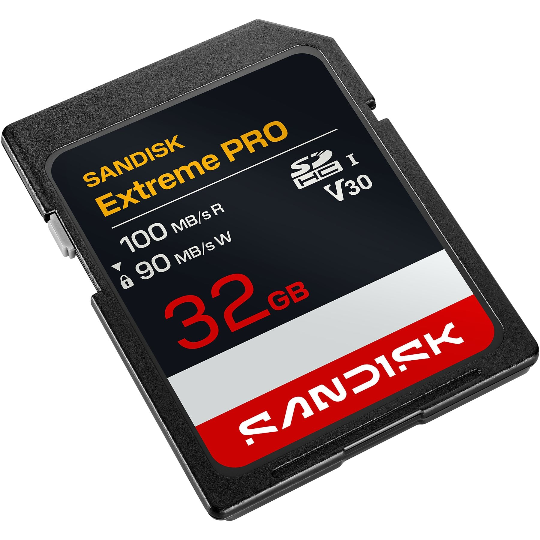 Tarjeta SD negra SanDisk Extreme PRO de 32GB con clasificaciones de velocidad.