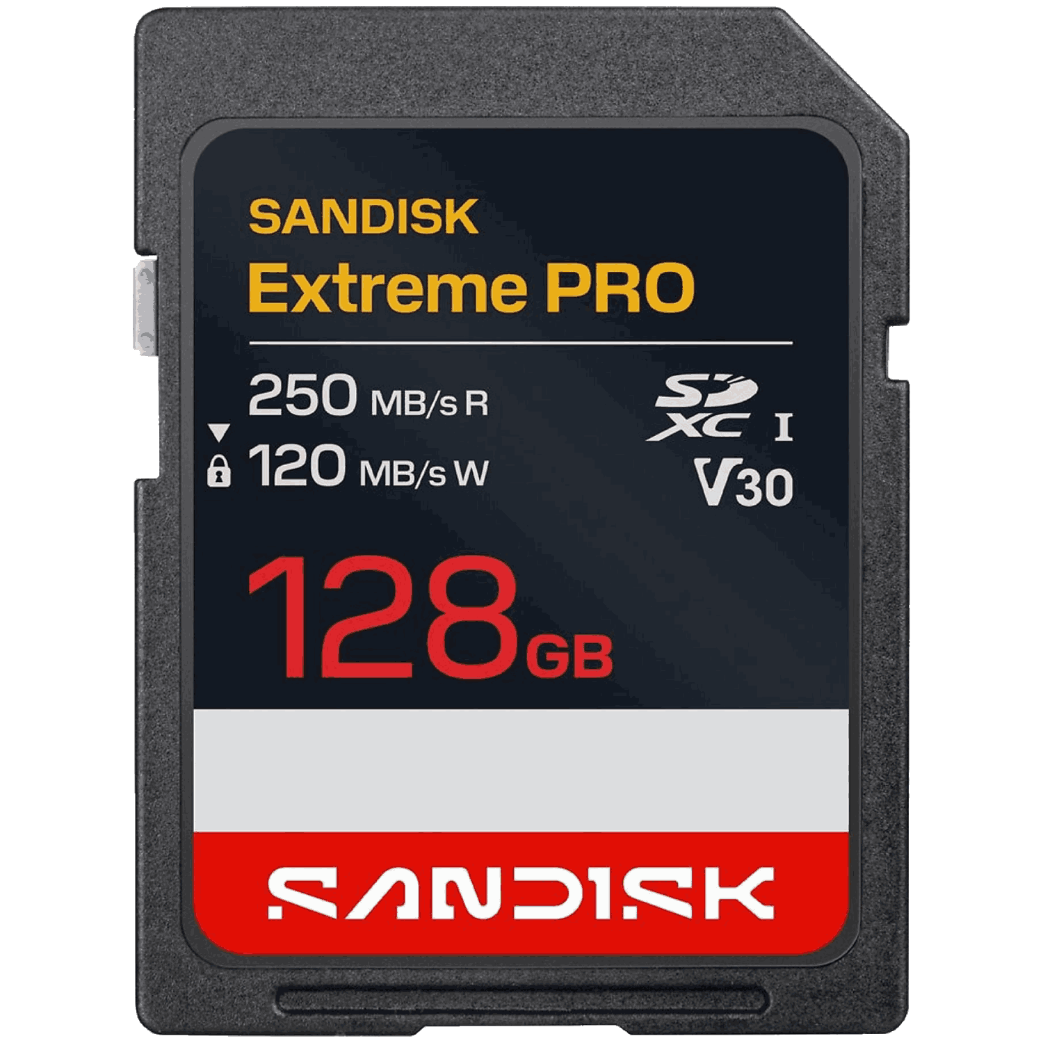 Tarjeta SD SanDisk Extreme PRO negra de 128 GB con velocidades de lectura/escritura y V30.