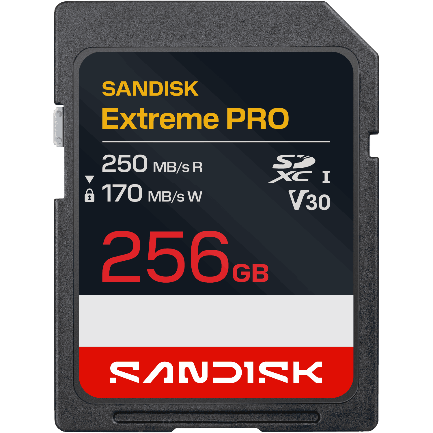 Tarjeta SD SanDisk Extreme PRO negra de 256 GB con velocidades de lectura/escritura.
