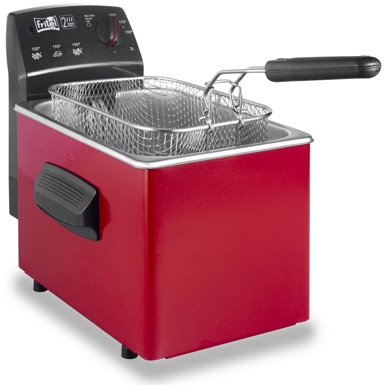 Friteuse rouge avec panier argenté et manche noir. Commandes sur le dessus.