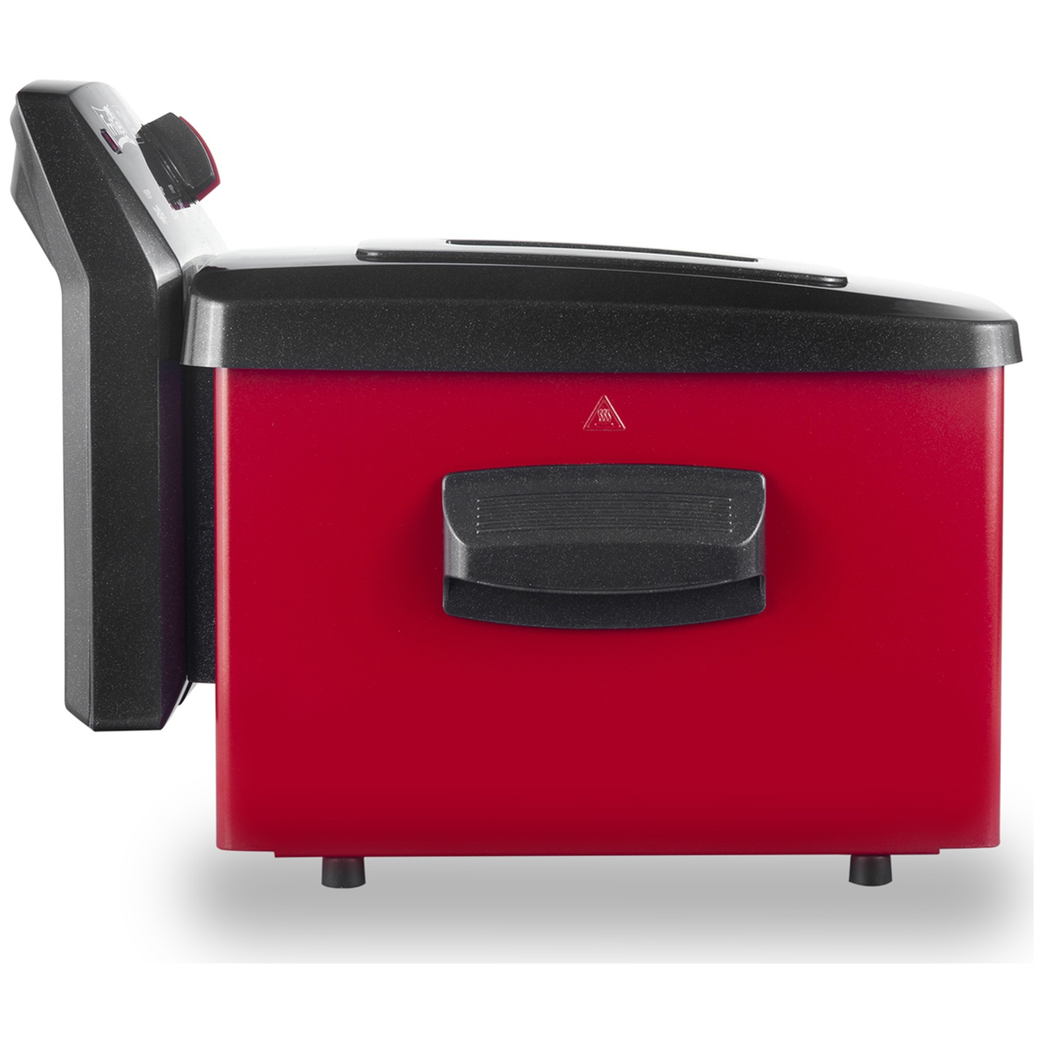 Friteuse rouge avec couvercle noir et panneau de contrôle latéral.