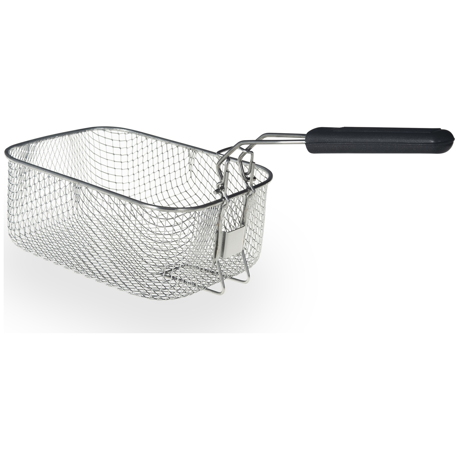 Un panier à friture en fil métallique argenté avec une poignée noire.