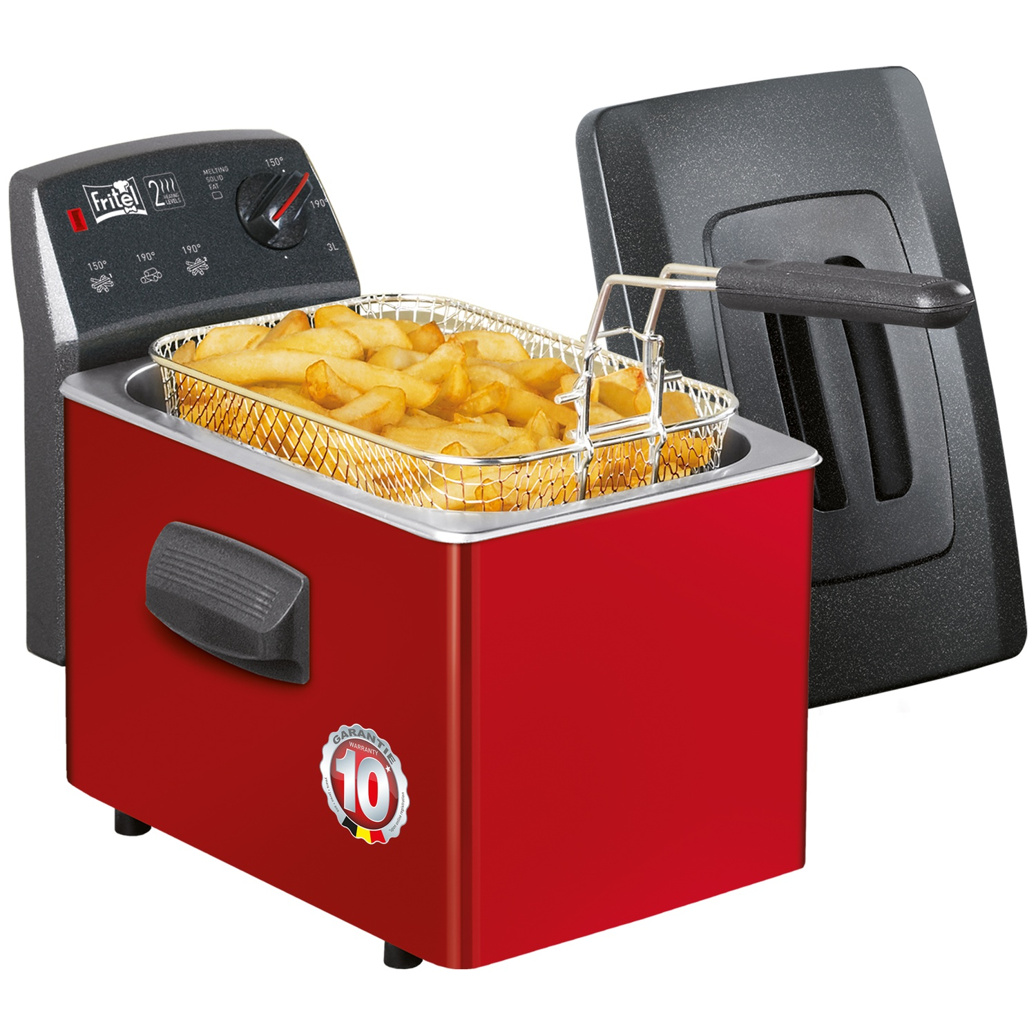 Friteuse rouge avec panier plein de frites dorées. Couvercle noir à côté.