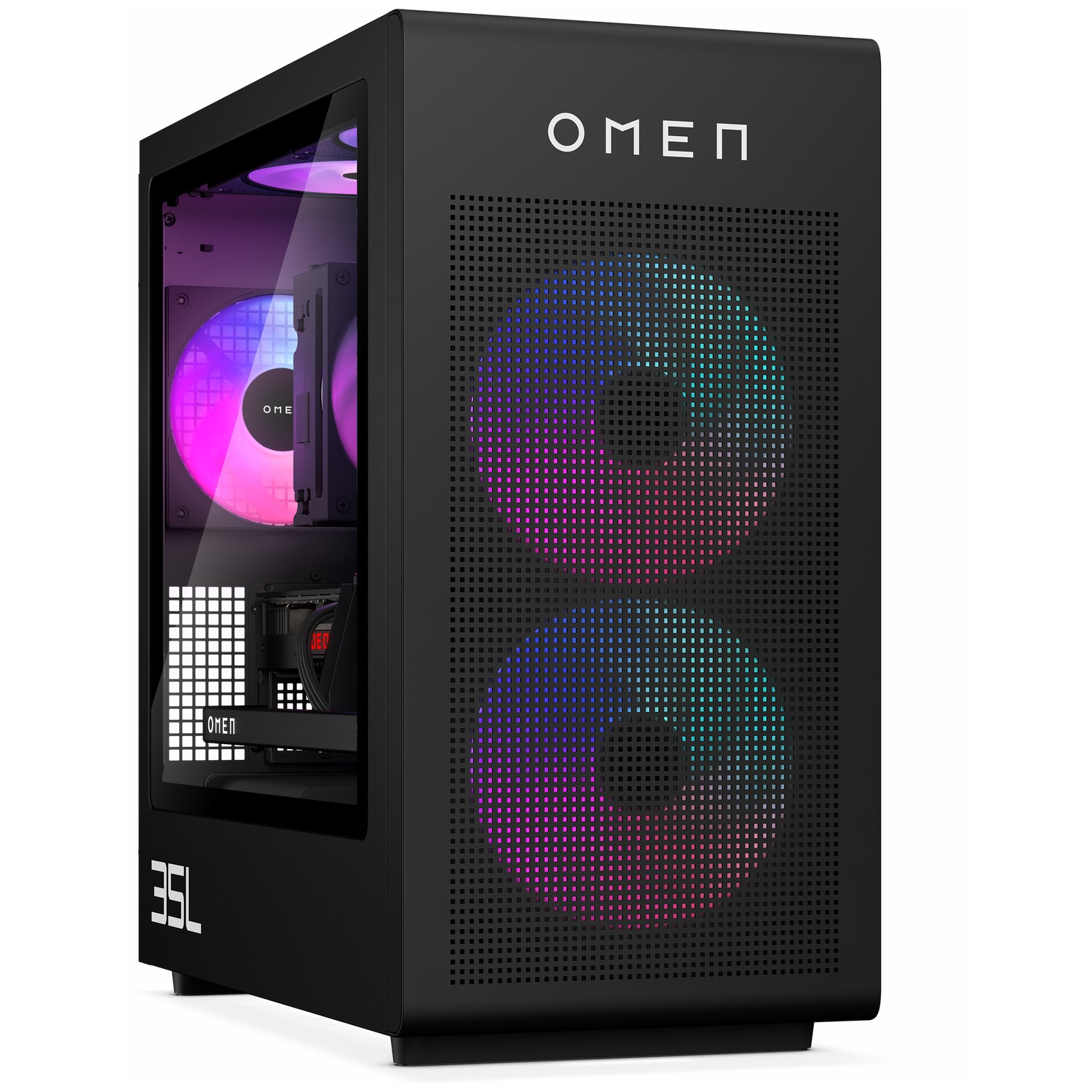 Boîtier PC Omen noir avec ventilateurs RVB et logo lumineux.