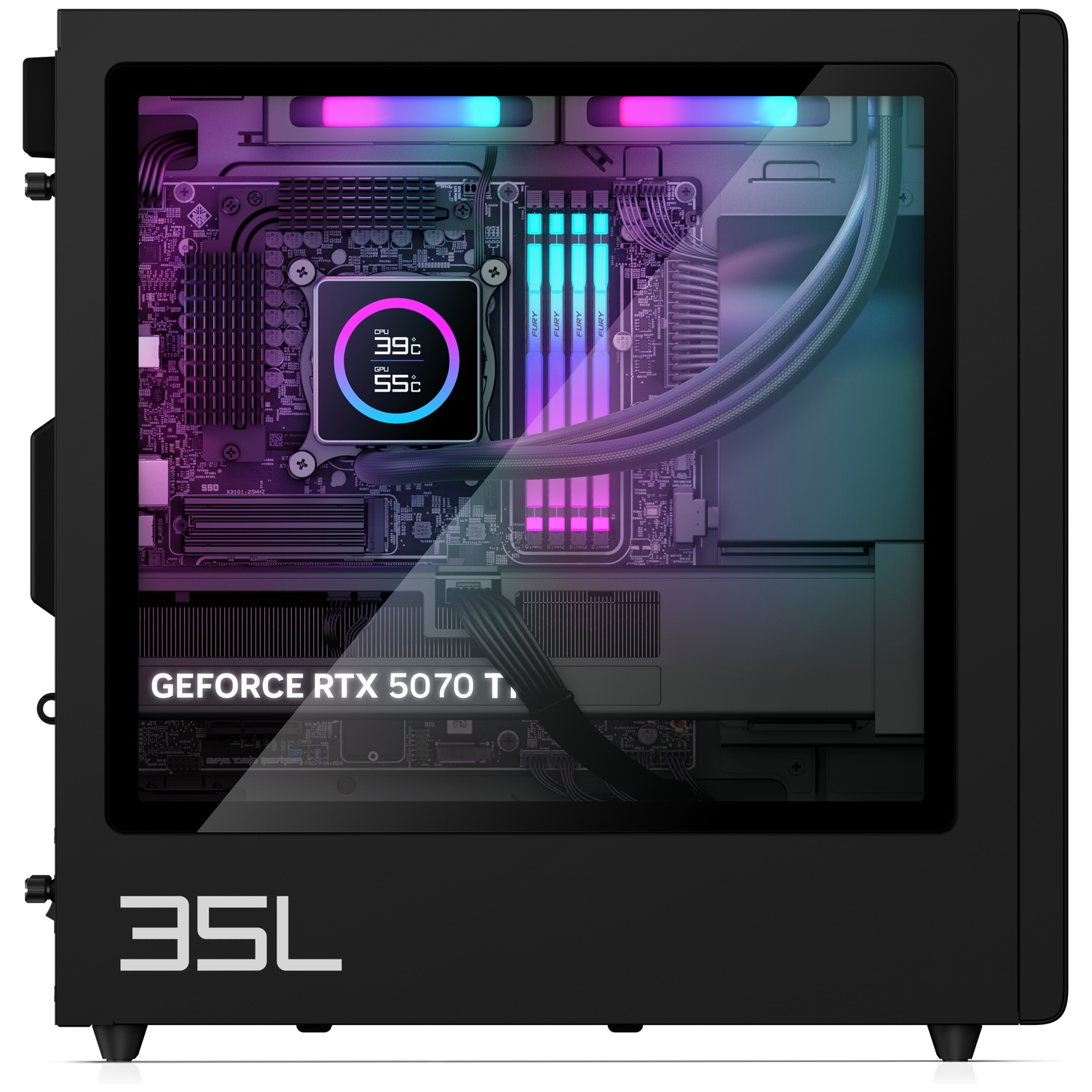 Un boîtier de PC noir avec fenêtre transparente montre les composants internes et l'éclairage RVB.
