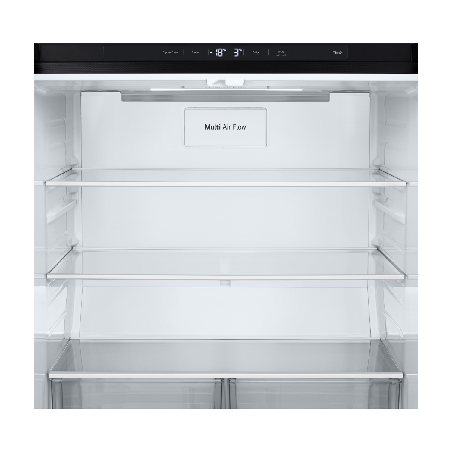Interno di un frigorifero vuoto con ripiani e display "Multi Air Flow".