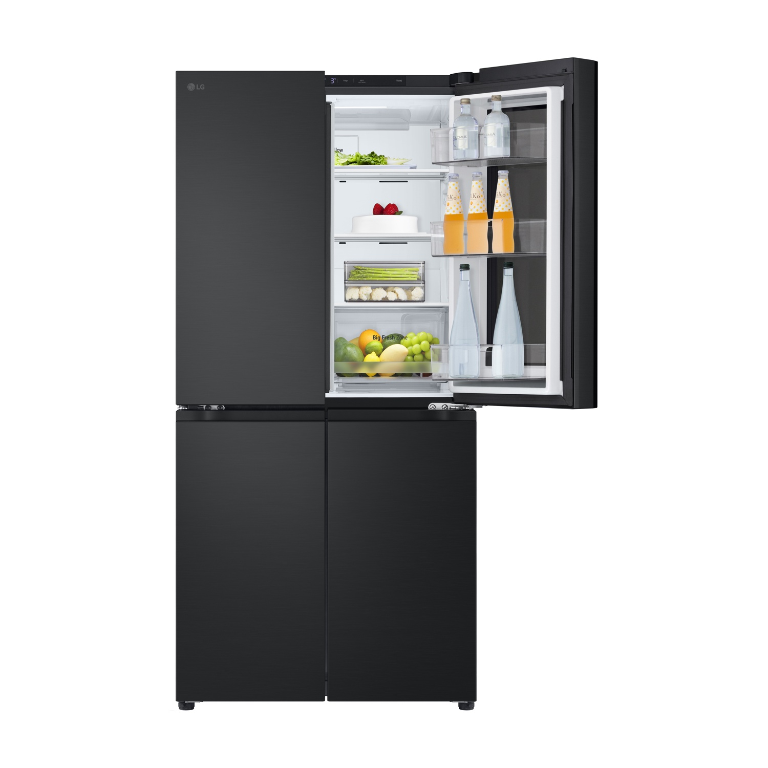 Frigorifero LG nero con porta aperta, fornito di frutta, verdura e bevande.