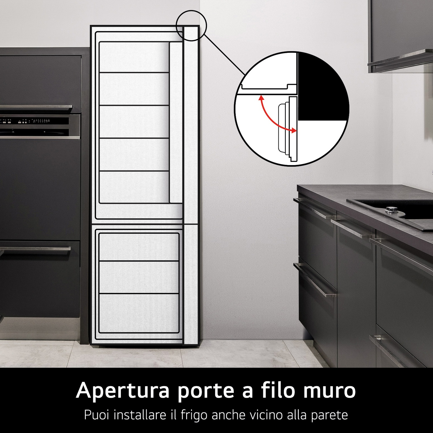Apertura porta frigo a filo muro; dettaglio mostra cerniera per installazione.