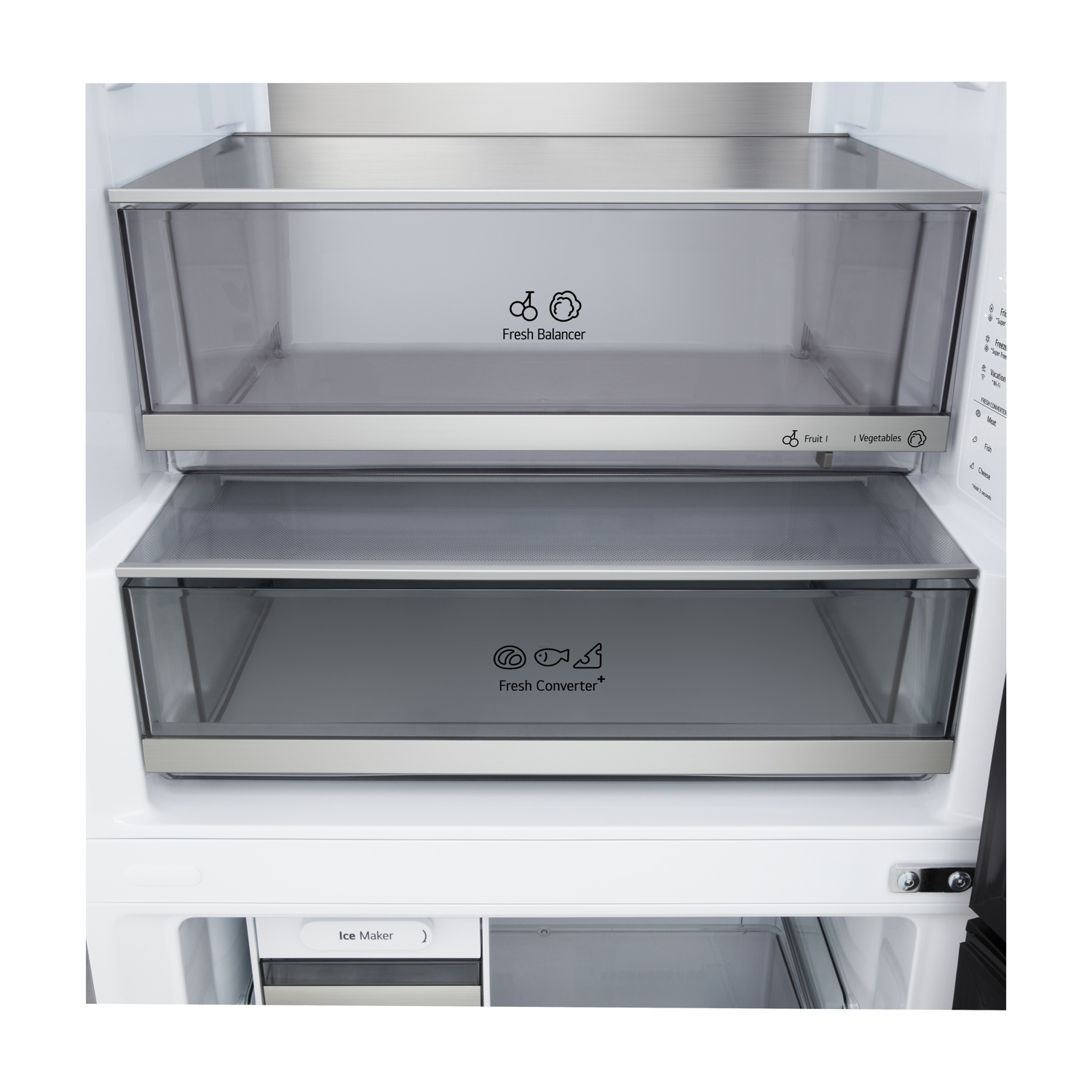 Vista interna di un frigorifero con due cassetti: Fresh Balancer e Fresh Converter.