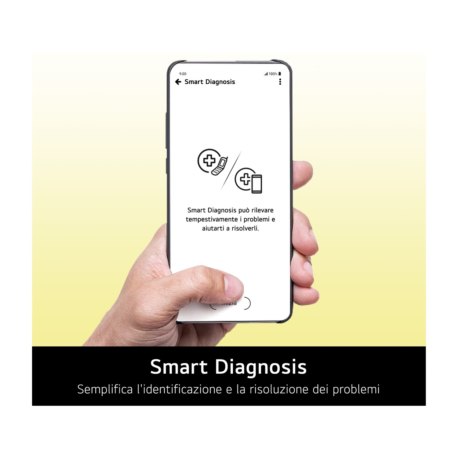 Uno smartphone mostra l'app 'Smart Diagnosis' con icone e testo.