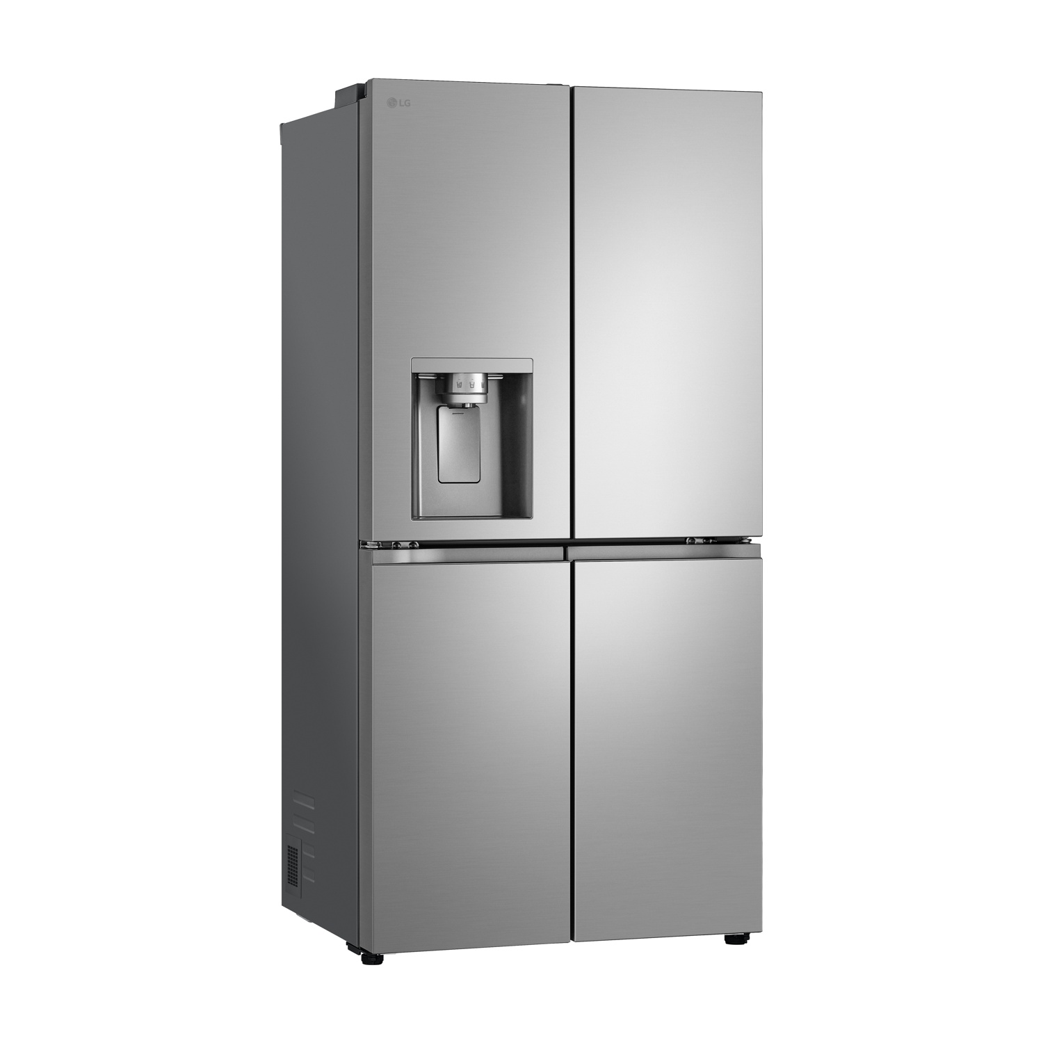 Un frigorifero LG a quattro porte argentato con dispenser d'acqua.