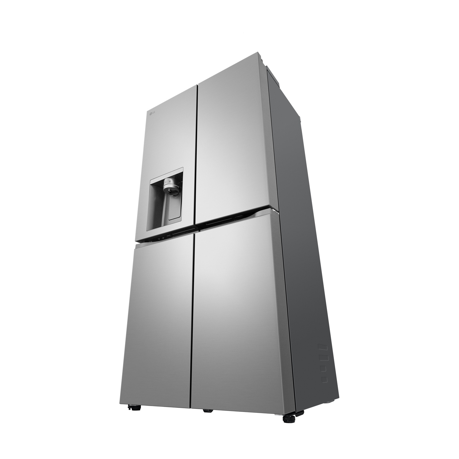 Frigorifero LG a quattro porte argentato con dispenser d'acqua.