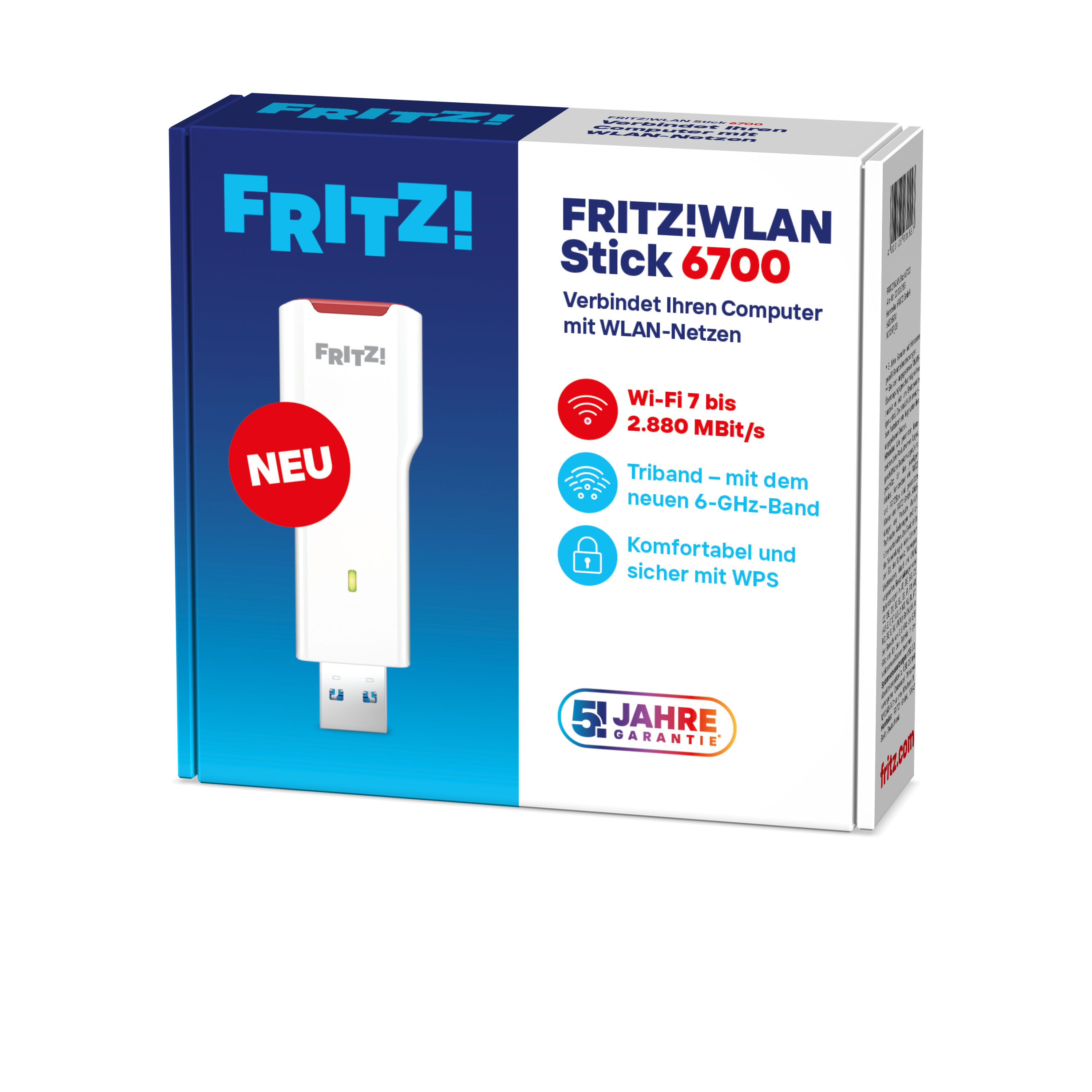 Verpackung des FRITZ!WLAN Stick 6700 mit Produktabbildung und Details.
