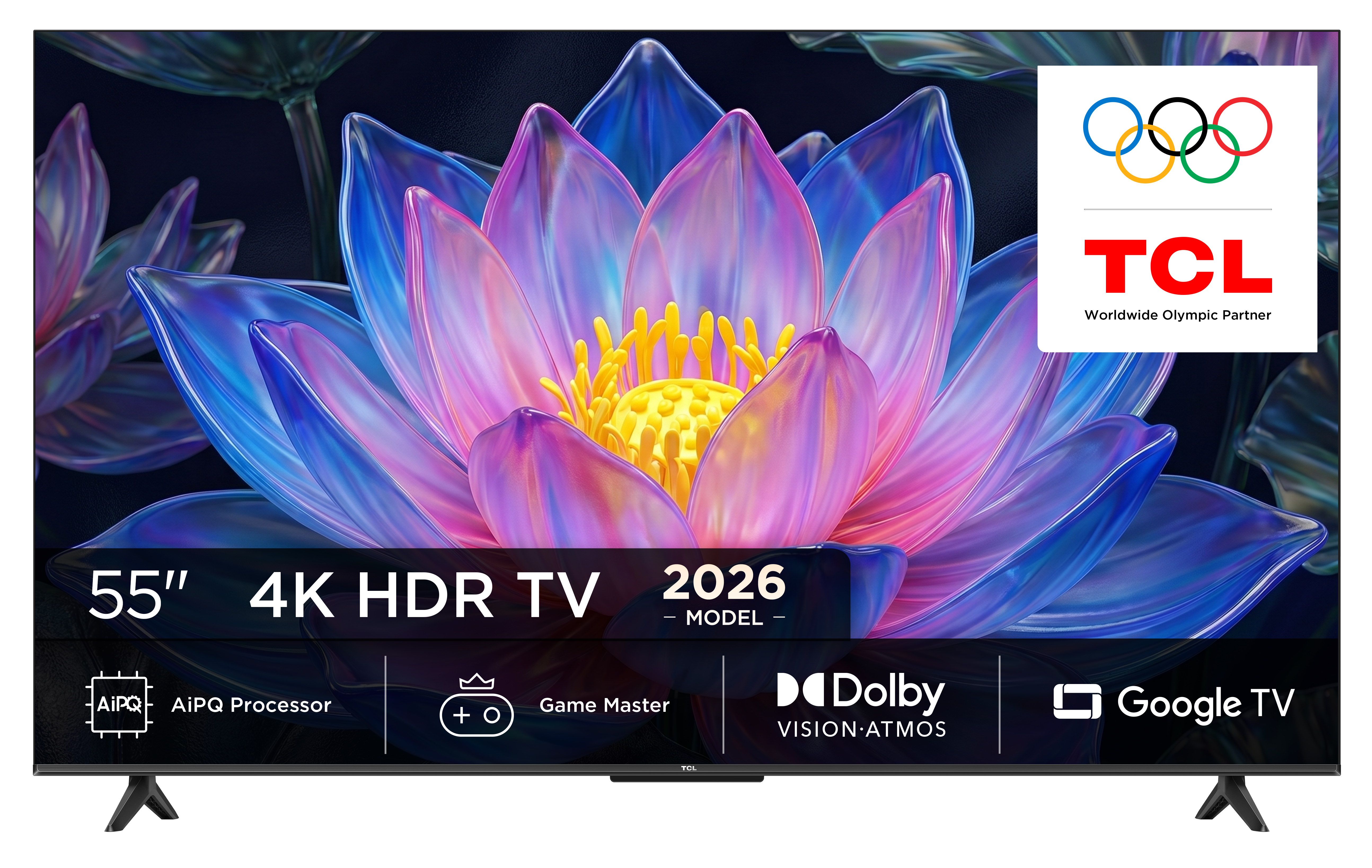 Telewizor 55" 4K HDR z Dolby Vision, Google TV i logo Partnera Olimpijskiego.