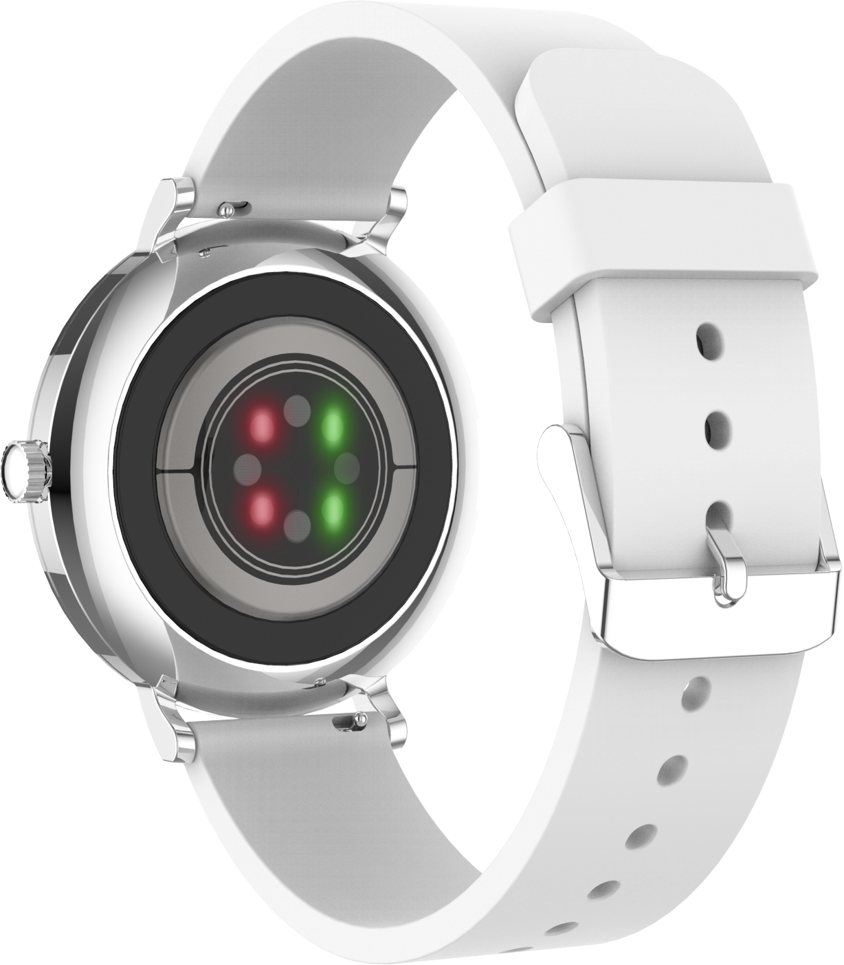 Smartwatch bianco con cassa argentata e sensore di battito cardiaco sul retro.