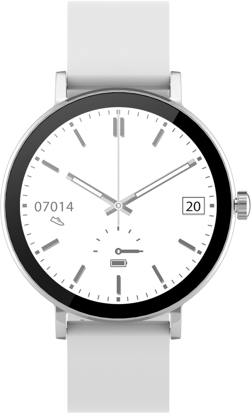 Uno smartwatch bianco con cassa e cinturino argentati. Il quadrante mostra l'ora e la data 20.