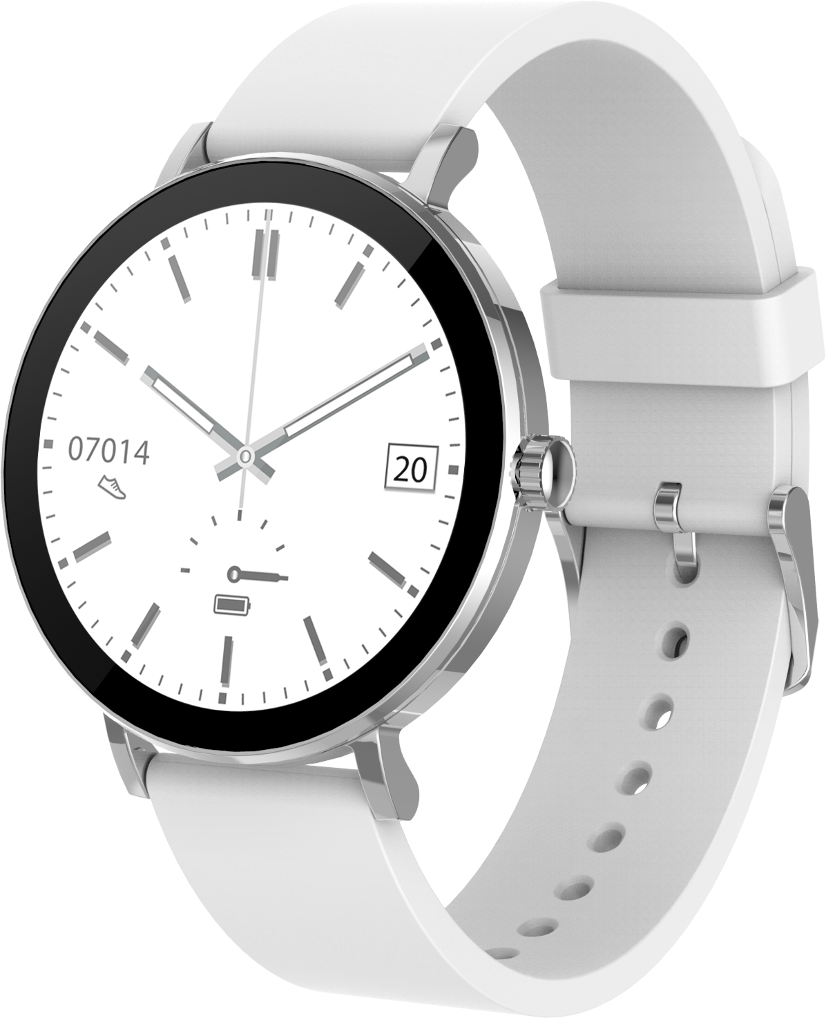Uno smartwatch bianco con cassa argentata e lunetta nera.